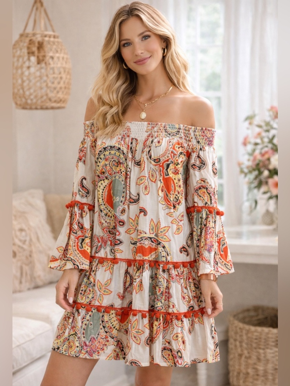 Off-Shoulder Tiered Paisley Dress in Ivory and Orange